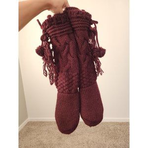 UGG Australia maroon port heather knit fringe cozy slipper socks XS/S